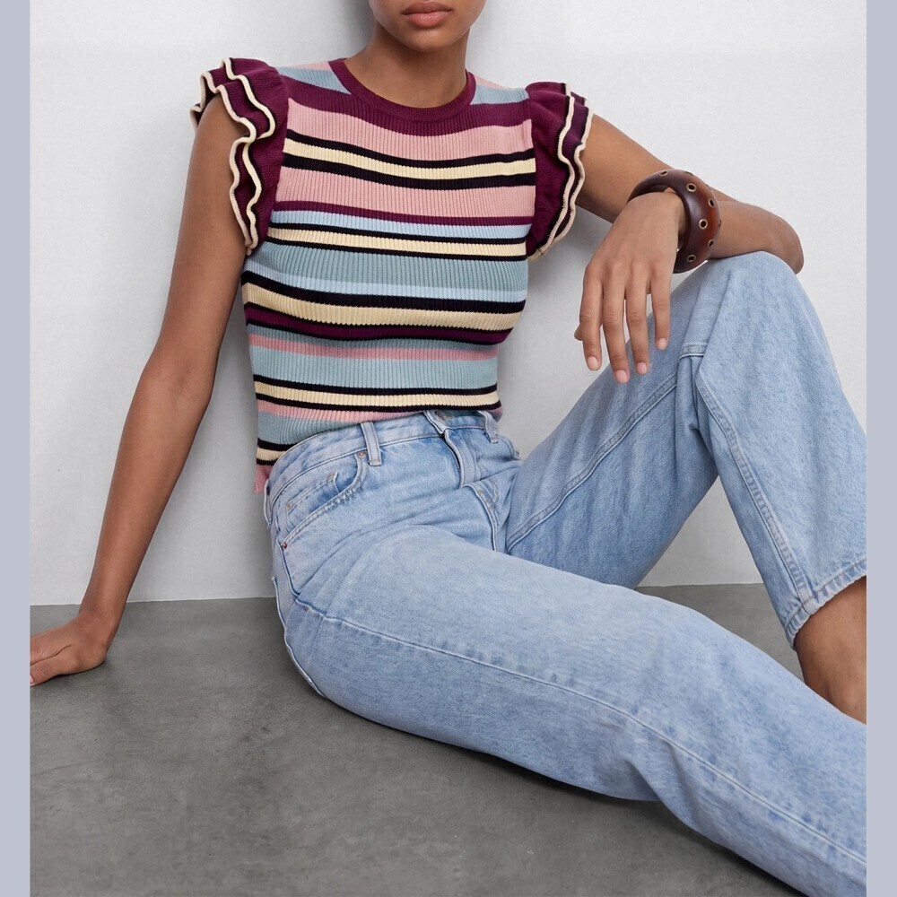 Multicolor Striped Ribbed Knit Ruffle Sleeve Top - Picture 5 of 9